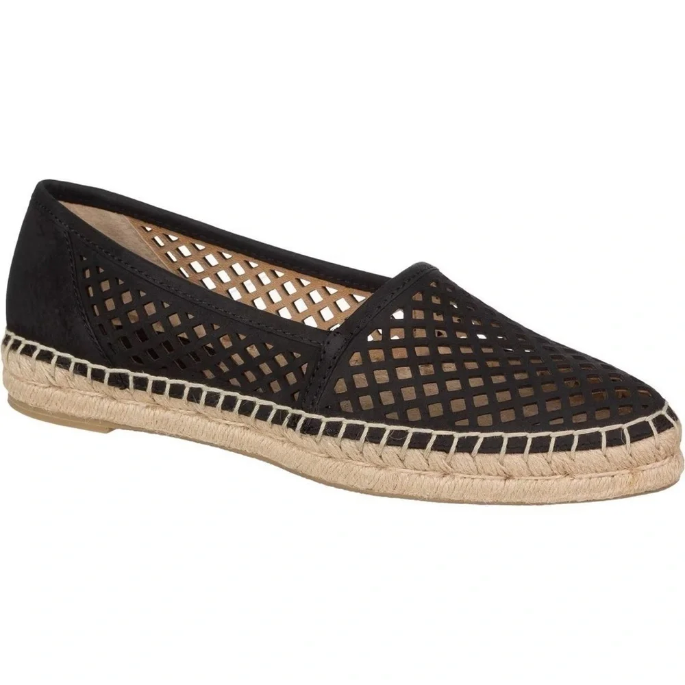 Frye Lee A Line Black Nubuck Leather Perforated Slip On Espadrille Flats Sz 6.5